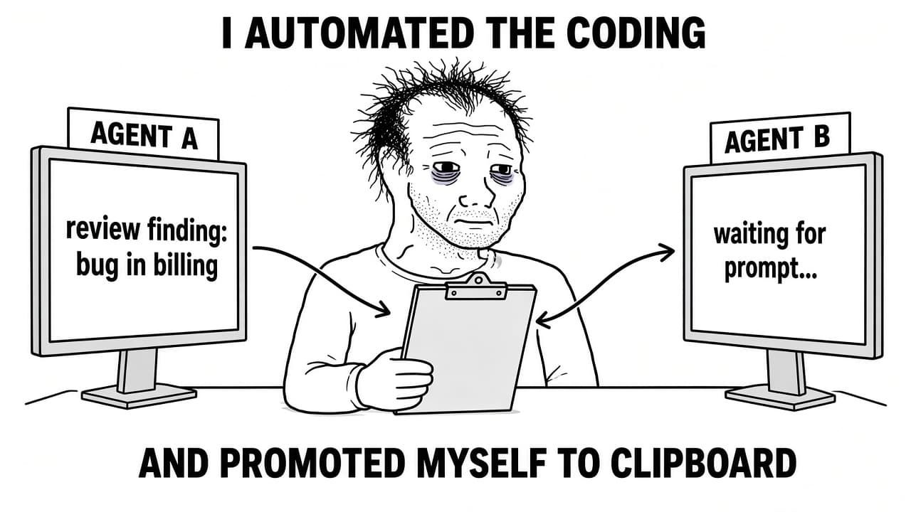 A tired developer relays a billing review finding from Agent A to Agent B, which is waiting for a prompt.