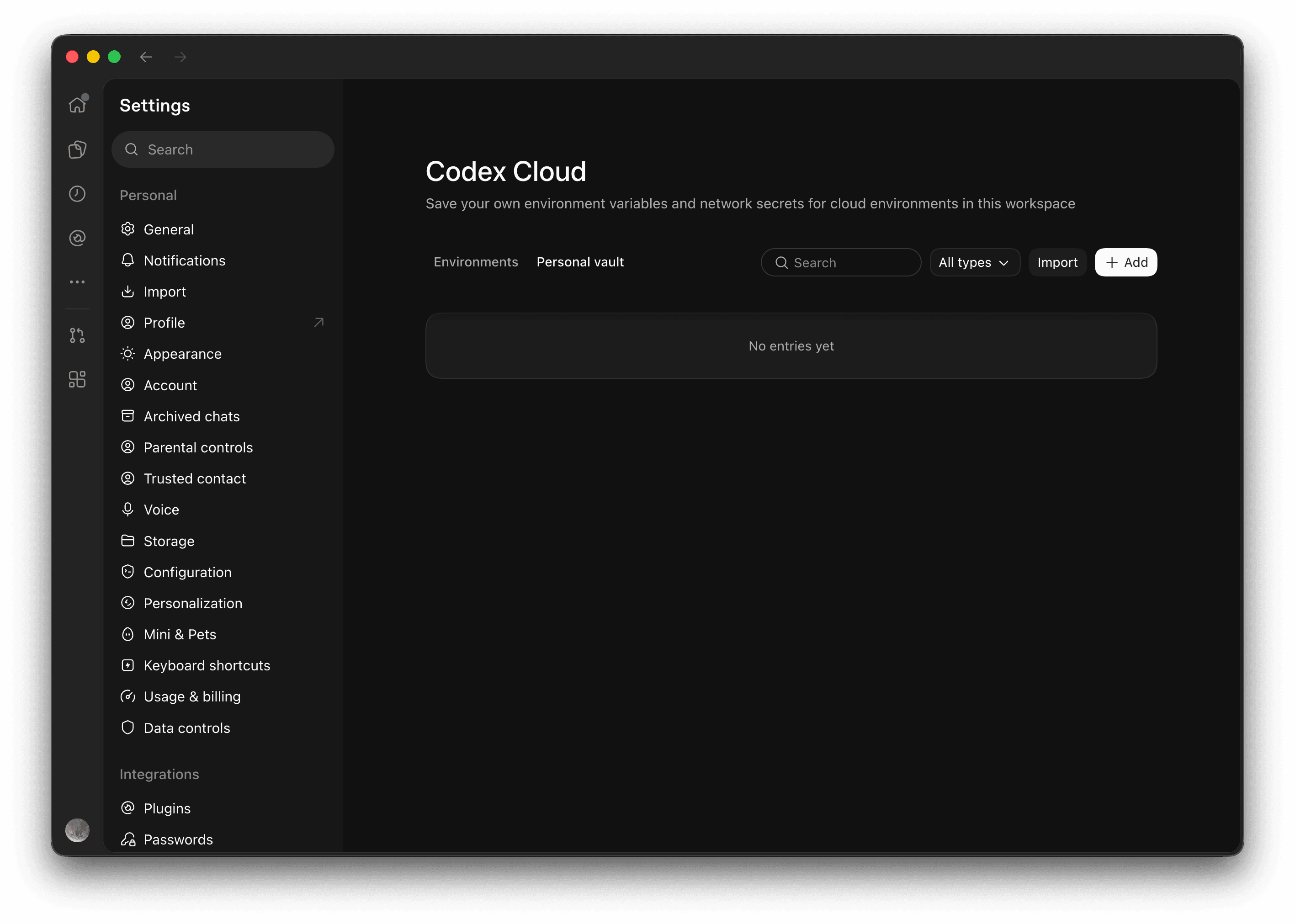 Codex Cloud settings showing an empty Personal vault for environment variables and network secrets.